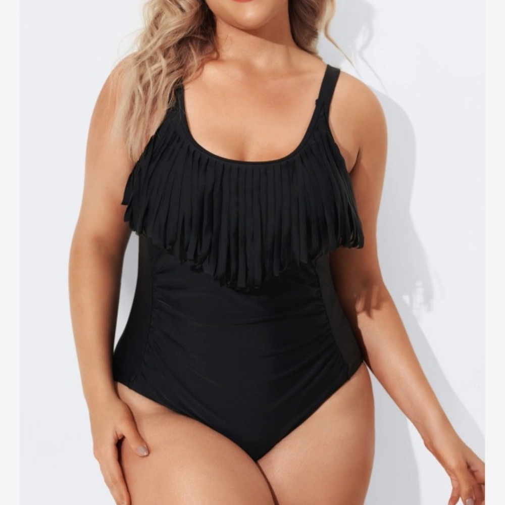 Black V-Neck Fringe Vintage One Piece Swimsuit